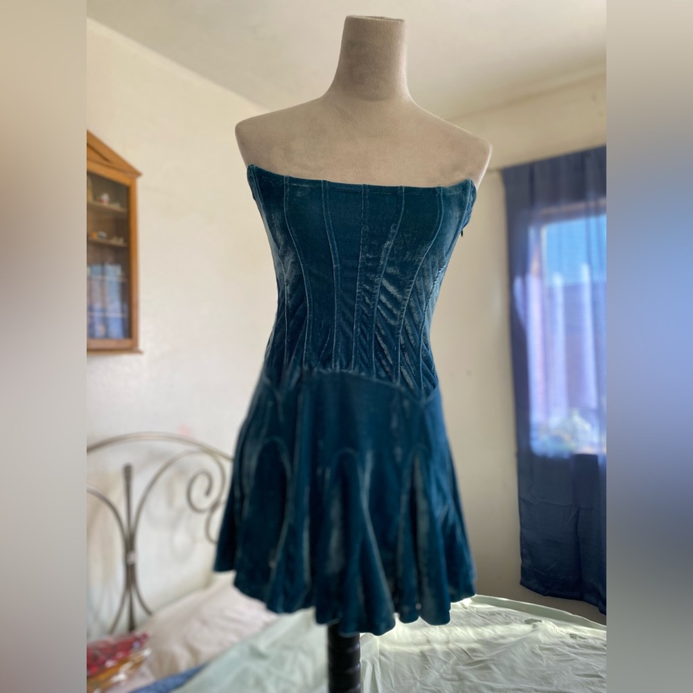 Urban Outfitters Mini Dress Size M Teal Fairy Antoinette Velvet Bustier Stretch